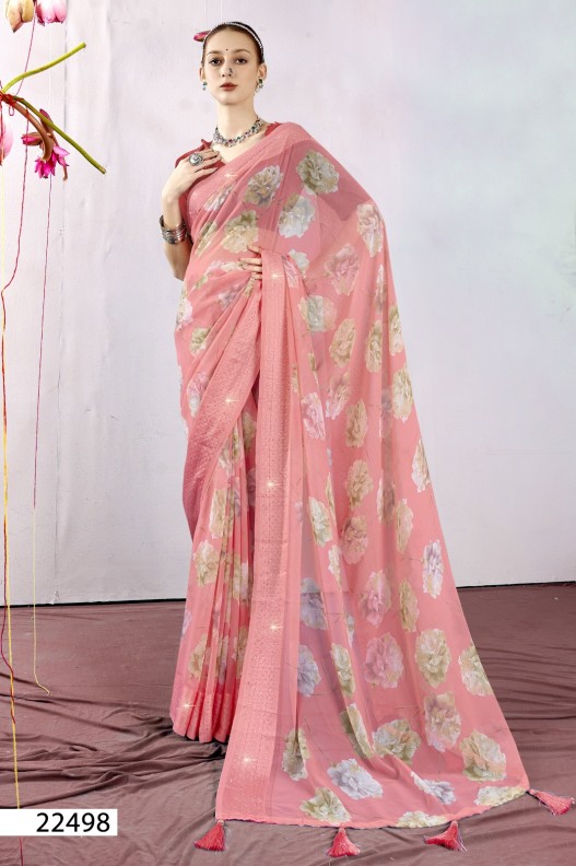 Fancy Georgette Printed Saree With blouse and swaroski stone work border